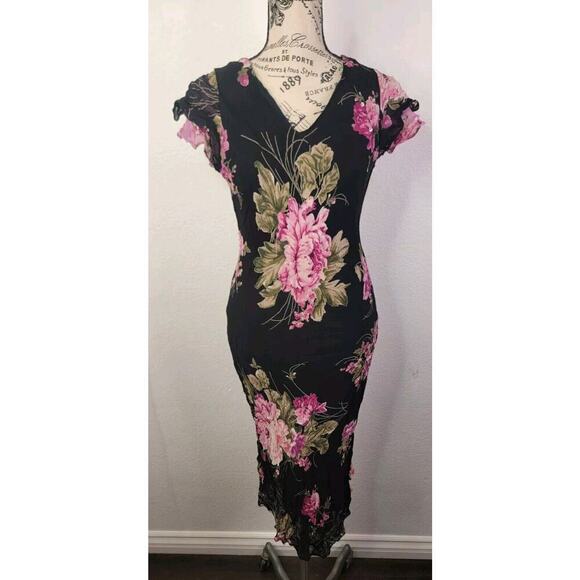 Lola P Dress Midi Dress M Peasant Black Floral Asymmetric 90s Whimsygoth Fairy - Picture 2 of 12